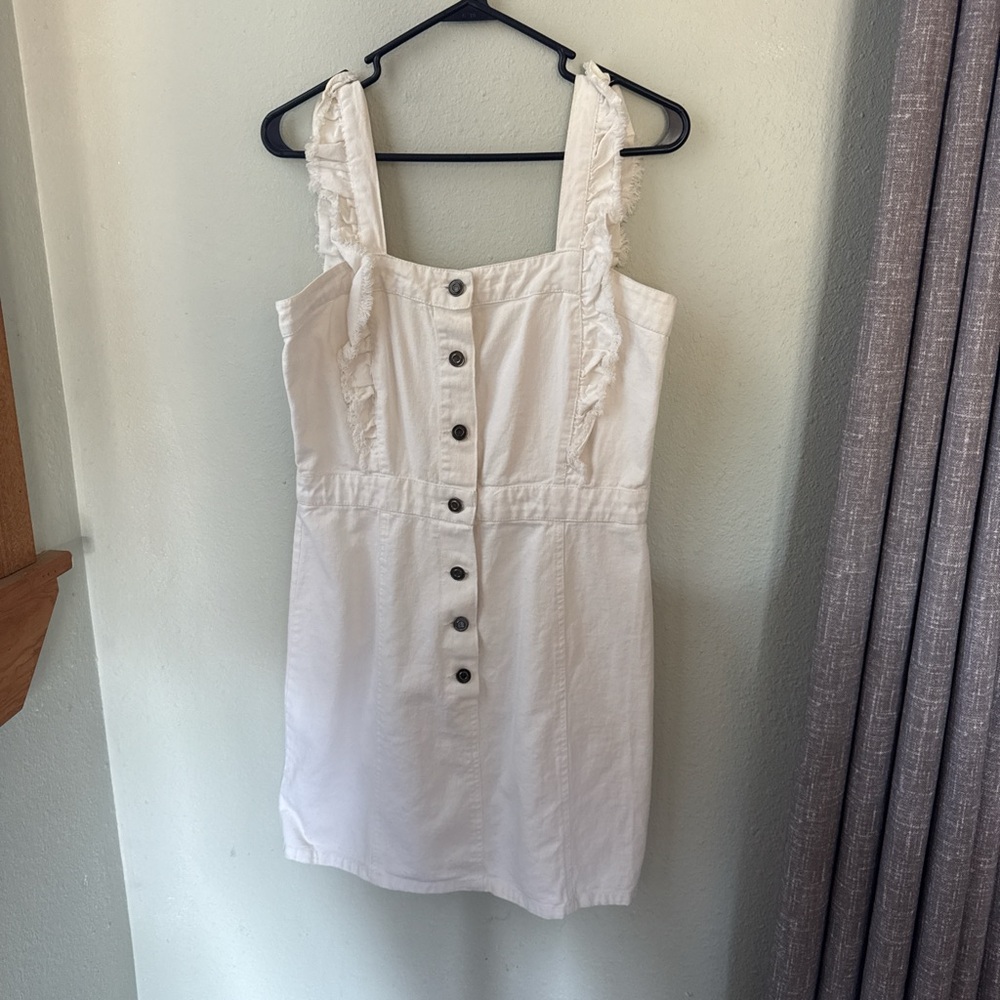White Denim Button-Down Dress with Ruffle Straps